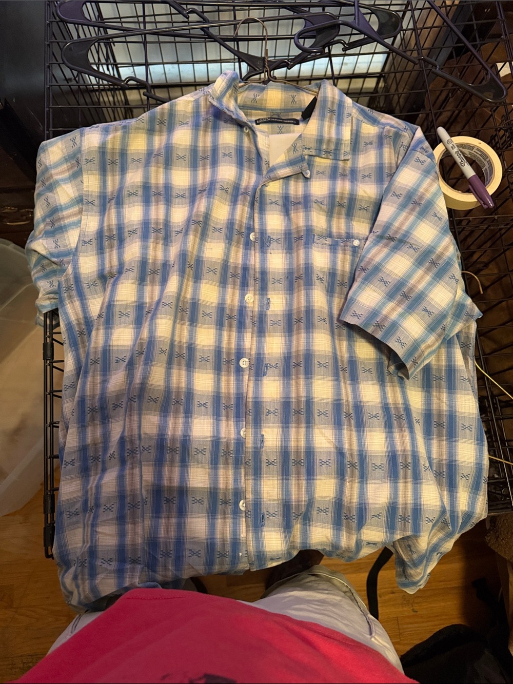 Men's Blue Plaid Short-Sleeve Button-Up Shirt + Kahkis+ Belt